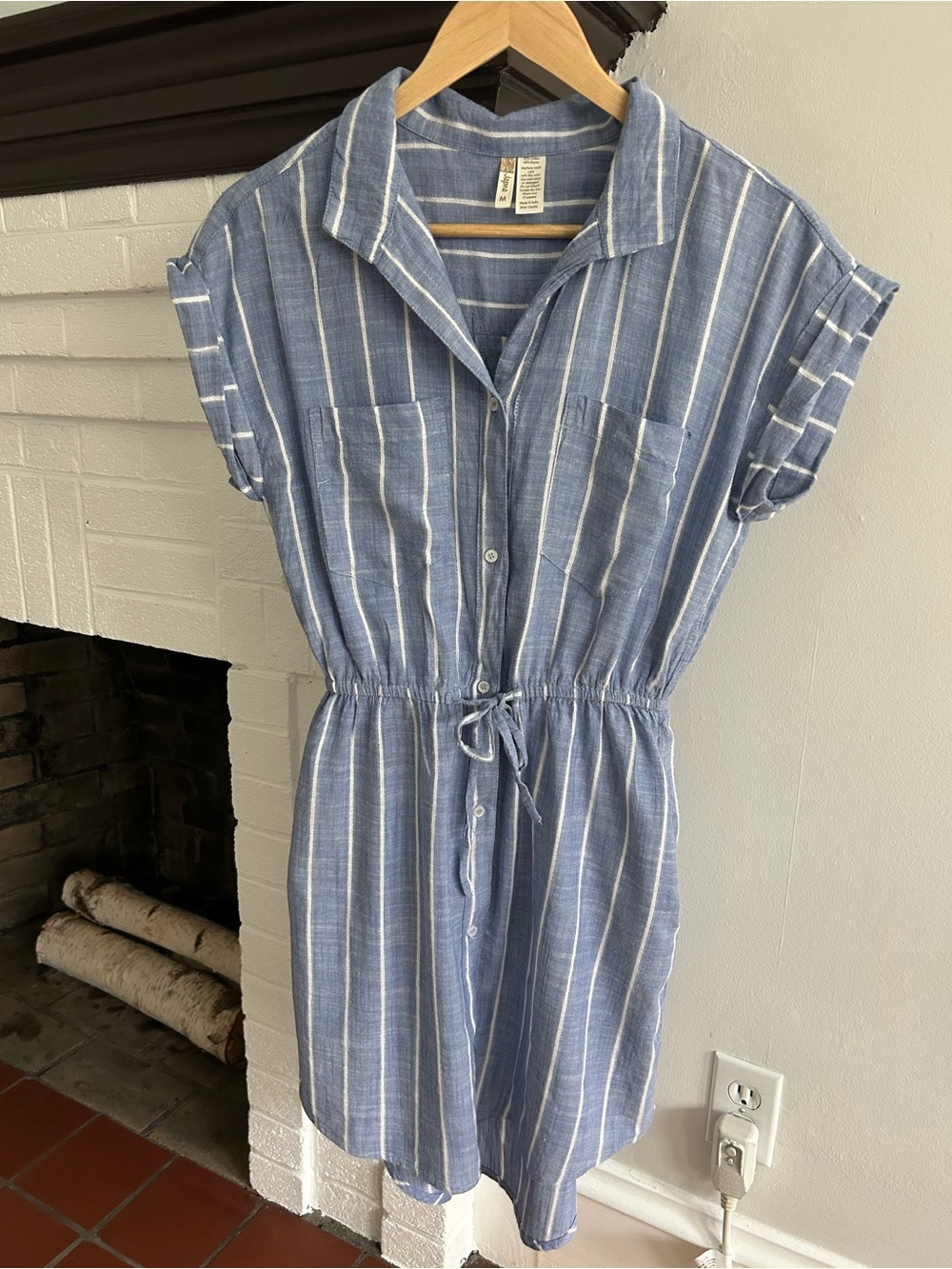 Japna Blue and White Striped Drawstring Mini Dress